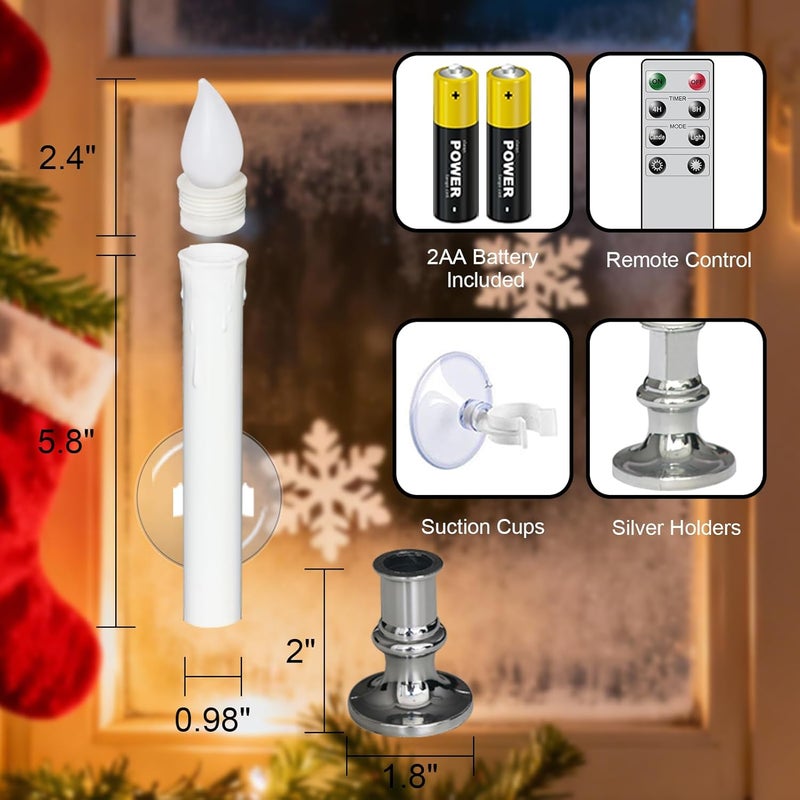 DRomance 9" Flameless Window Taper Candles Battery Operated with 8-Key Remote and Timer, 4 Pack White Christmas Holdiay Window Candles with Silver Holders, Suction Cups and AA Batteries Included - Image 2